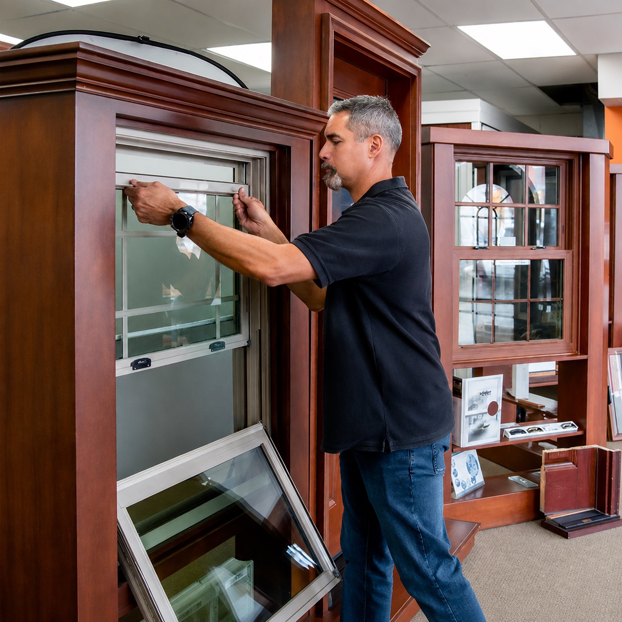 Javier demonstrating window operation in the Tiltin showroom