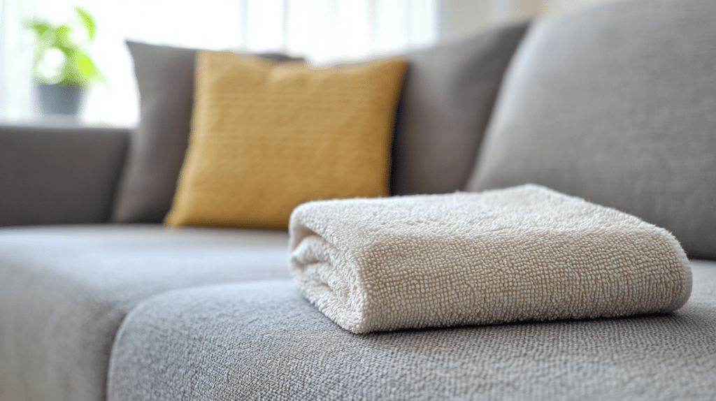 Microfiber cloth placed on a freshly cleaned gray couch with decorative pillows