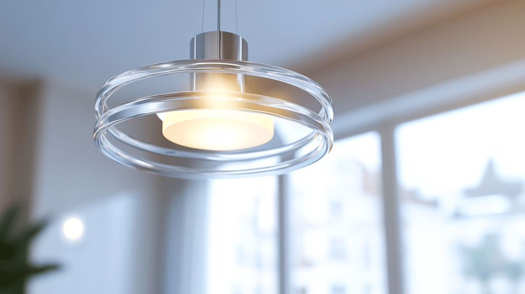 Clean, modern ceiling light fixture glowing in a bright room