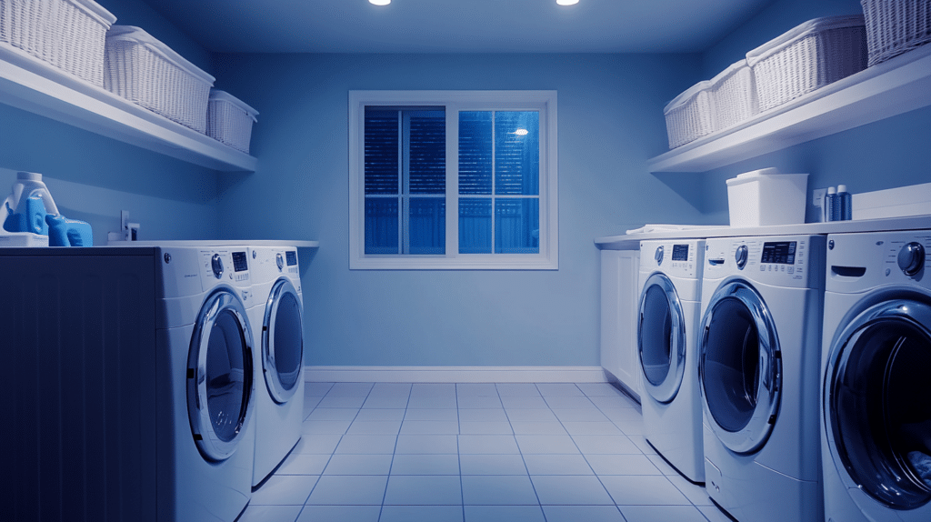 Clean and organized laundry room with front-loading machines and white storage baskets
