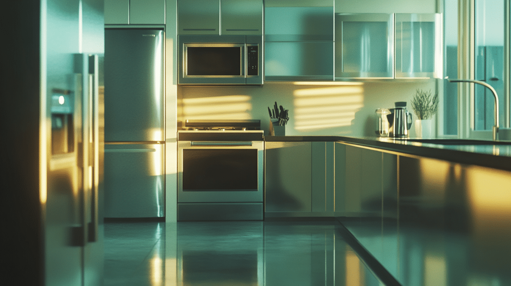Shiny stainless steel appliances in a clean and modern kitchen