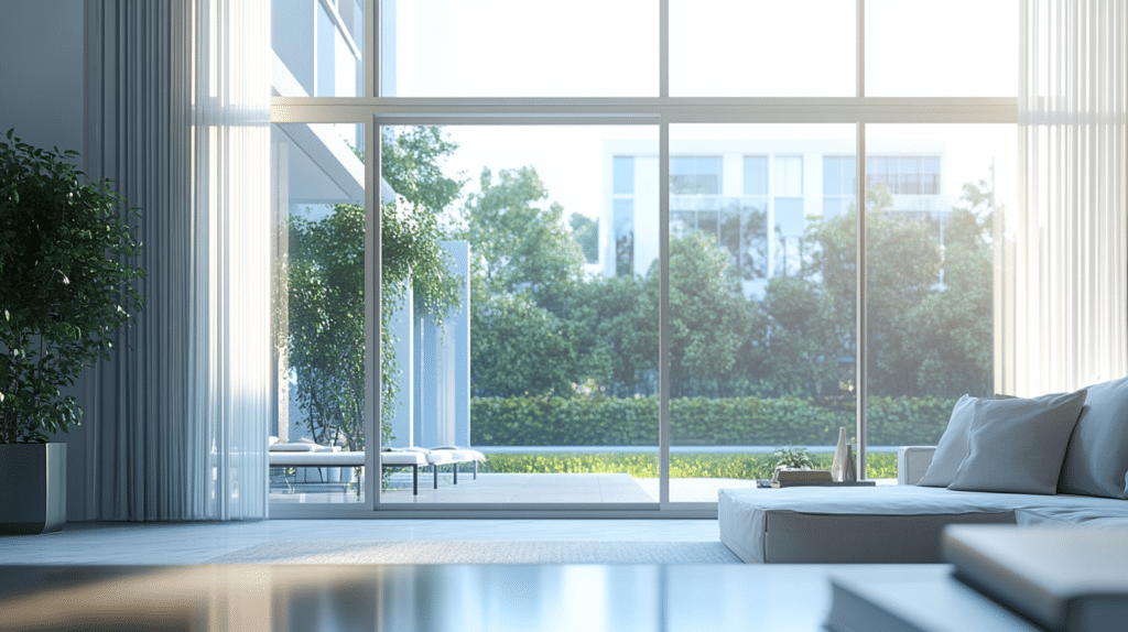 Large floor-to-ceiling windows cleaned for spring with a clear outdoor view