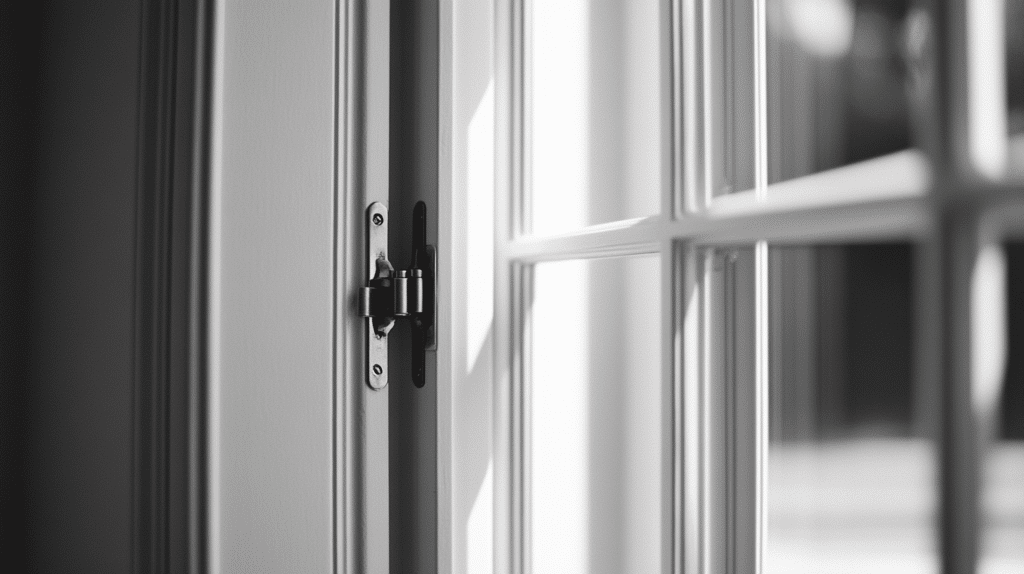 Close-up of a casement window hinge and locking mechanism in sharp focus