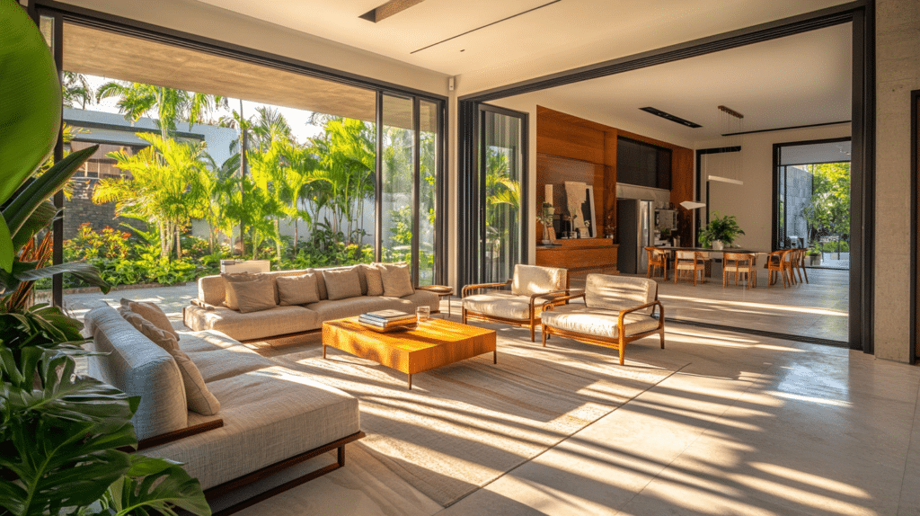 Open folding glass doors connecting a modern living room to a tropical patio