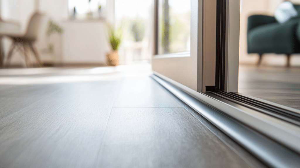 Close-up of a low-profile door sill showing smooth alignment with flooring