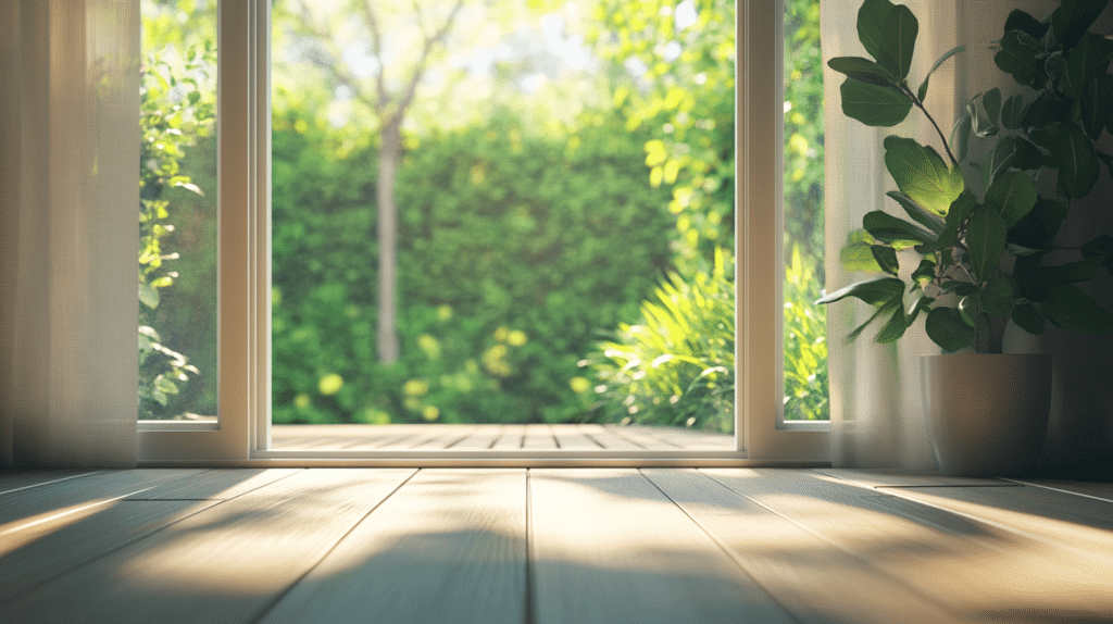 Sliding patio door opening to a lush backyard garden with bright natural lighting