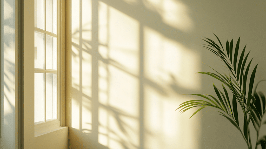A close-up view of soft daylight streaming through a high-performance energy-efficient window. The image highlights clean trim details and natural shadow play on the wall, showcasing the benefits of bright, insulated interiors.