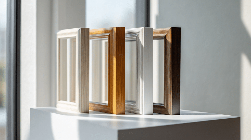 Display of four window frame samples including wood, vinyl, fiberglass, and aluminum