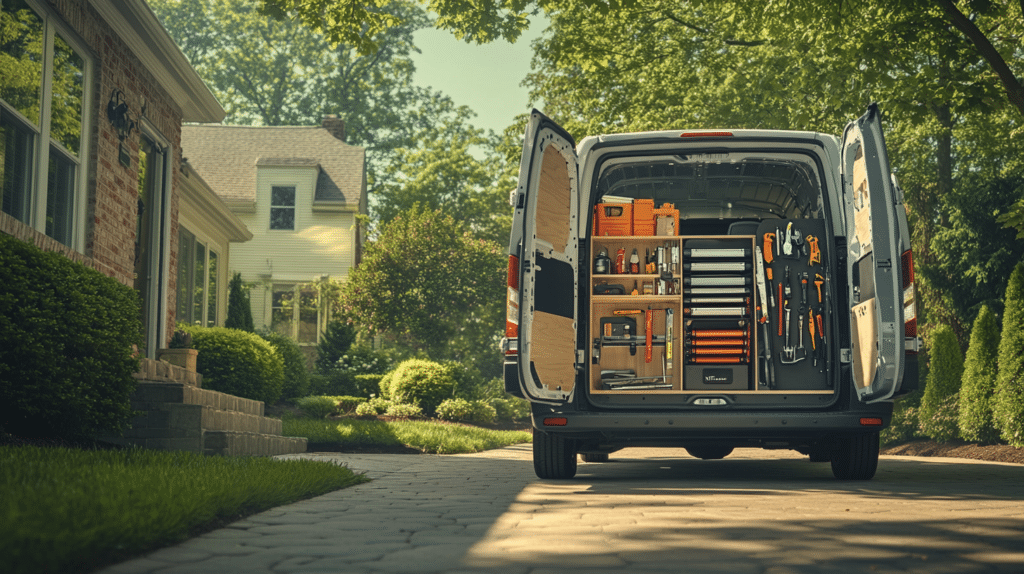 Contractor van with open back showing tools for window installation in Milwaukee neighborhood