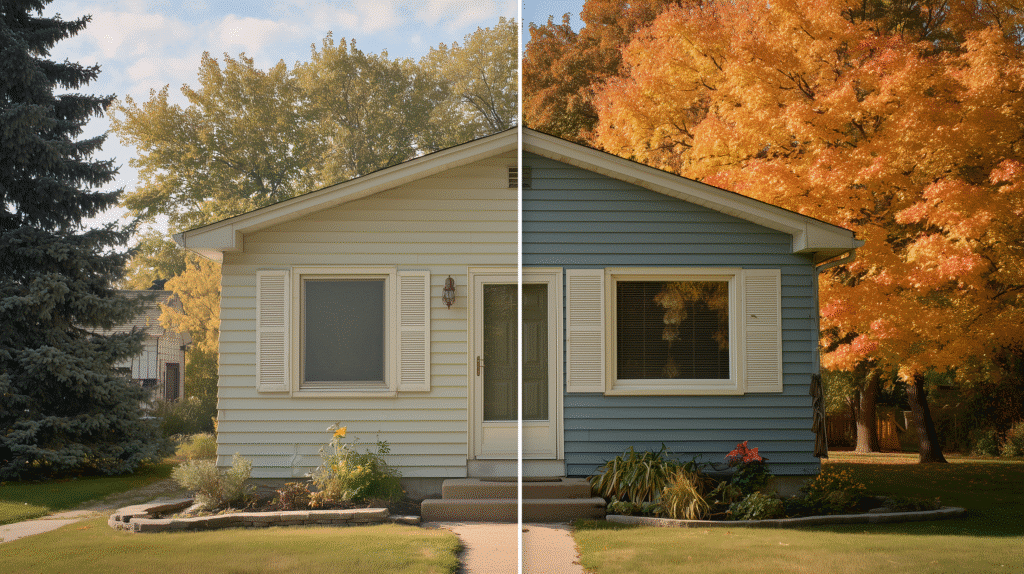 Before-and-after Milwaukee ranch showing new siding and windows, guiding the windows or siding first decision