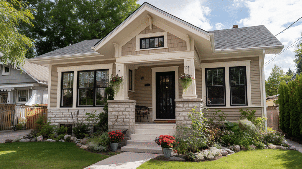 Classic Milwaukee bungalow with updated siding and black-clad windows in summer